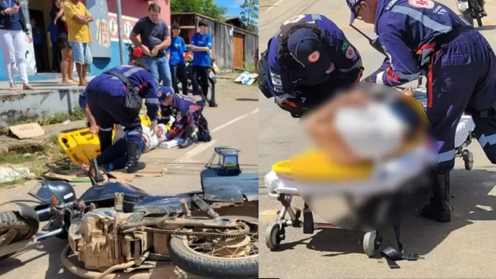 Grave acidente entre moto e caminhão deixa mulher ferida em Ji-Paraná entre a R. Menezes Filho e a R. 31 de Março