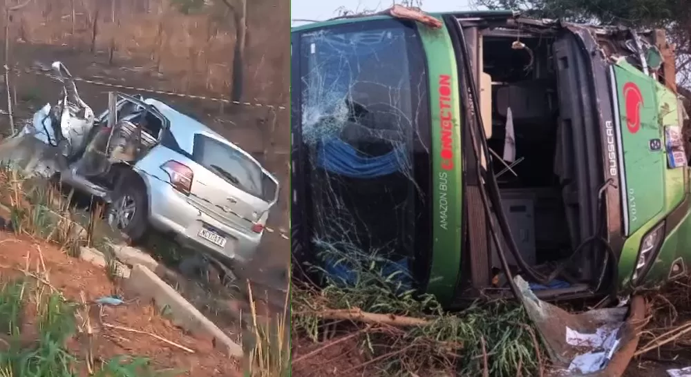 Dois mortos e vários feridos em acidente entre ônibus e carro na BR-364 em Pimenta Bueno