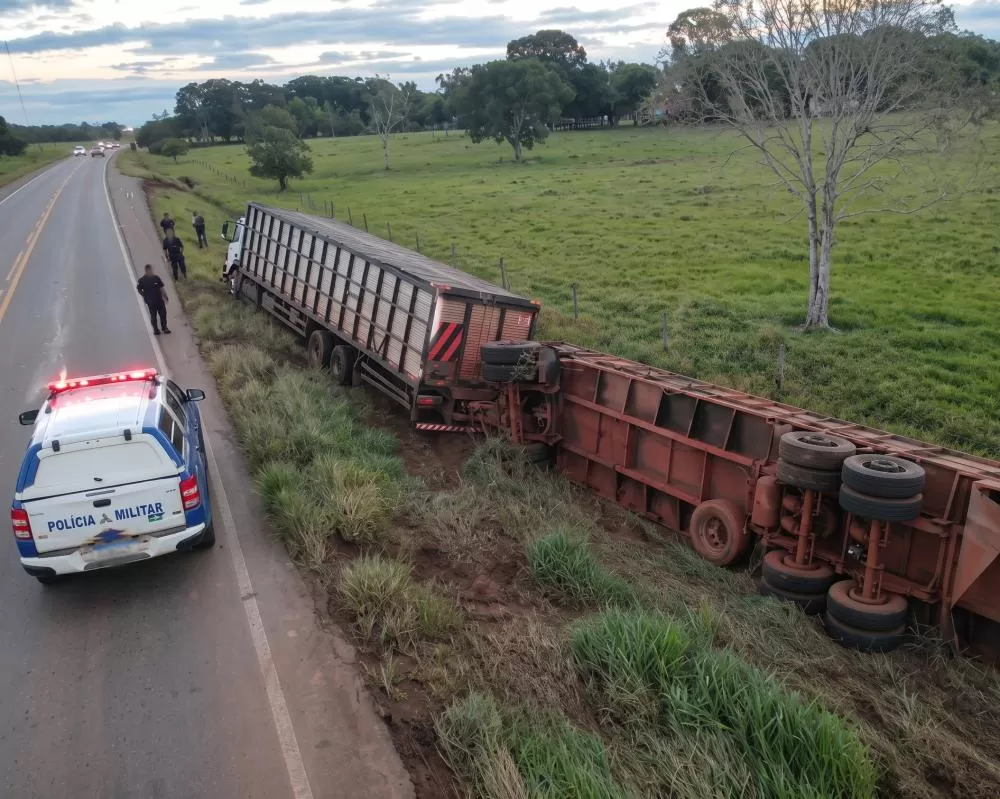 Caminhão boiadeiro sai da pista e tomba na RO-010 na rodovia que liga Pimenta Bueno a Rolim de Moura