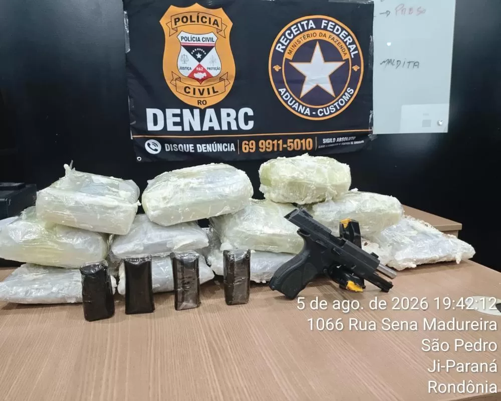 Vídeo: Operação em Ji-Paraná apreende 12 kg de droga, pistola 9 mm durante fiscalização do DENARC em transportadora