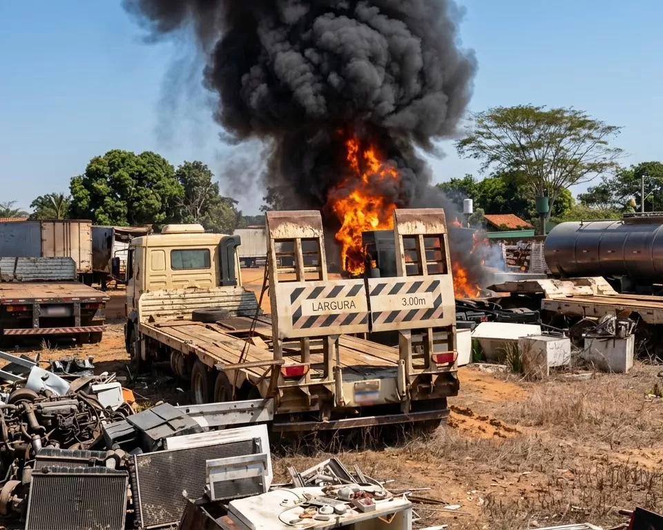 Cabine de caminhão fica completamente destruída após incêndio em pátio de empresa na saída de Ji-Paraná