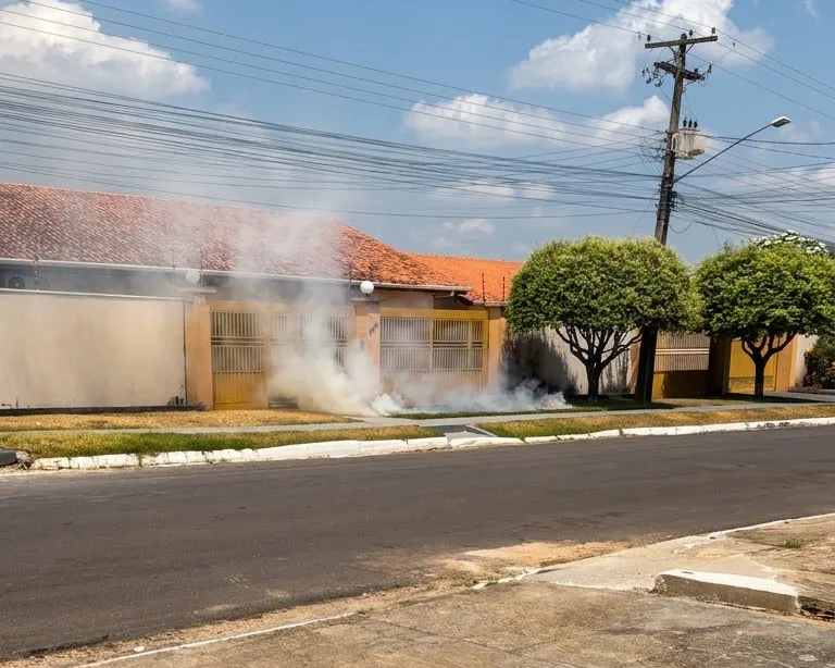 Caminhão baú destrói rede elétrica na R. São Luiz, incendeia gramado e provoca grave risco de choque elétrico em Ji-Paraná