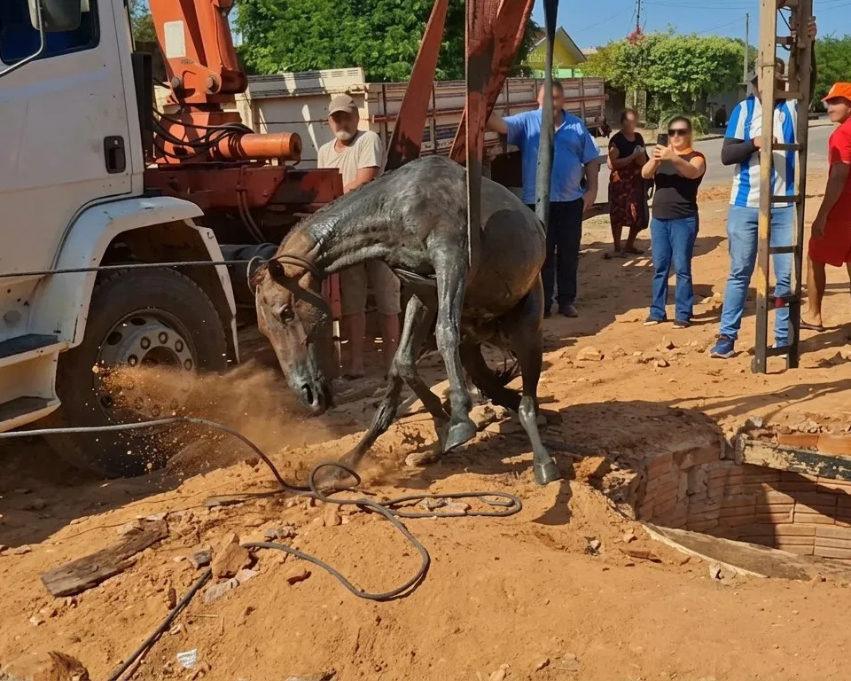 Operação dramática mobiliza bombeiros e moradores para salvar cavalo que caiu em fossa no bairro JK em Ji-Paraná