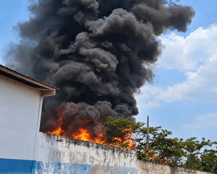 Incêndio na antiga garagem da Viação Ji-Paraná destrói sucata de ônibus, queima vegetação e mobiliza o Corpo de Bombeiros