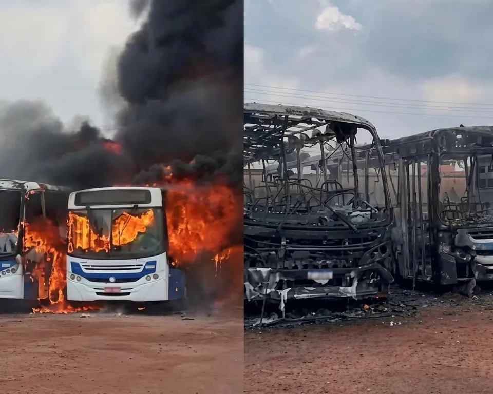 Vídeo: Incêndio de grandes proporções atinge garagem de frigorífico e destrói ônibus na tarde de segunda-feira