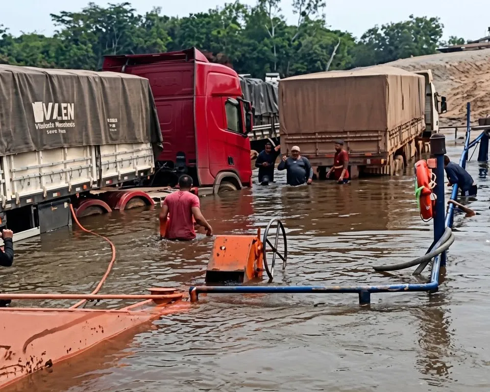 Vídeo: Balsa naufraga durante travessia do Rio Igapó-Açu e caminhoneiro de Rondônia registra acidente na BR-319